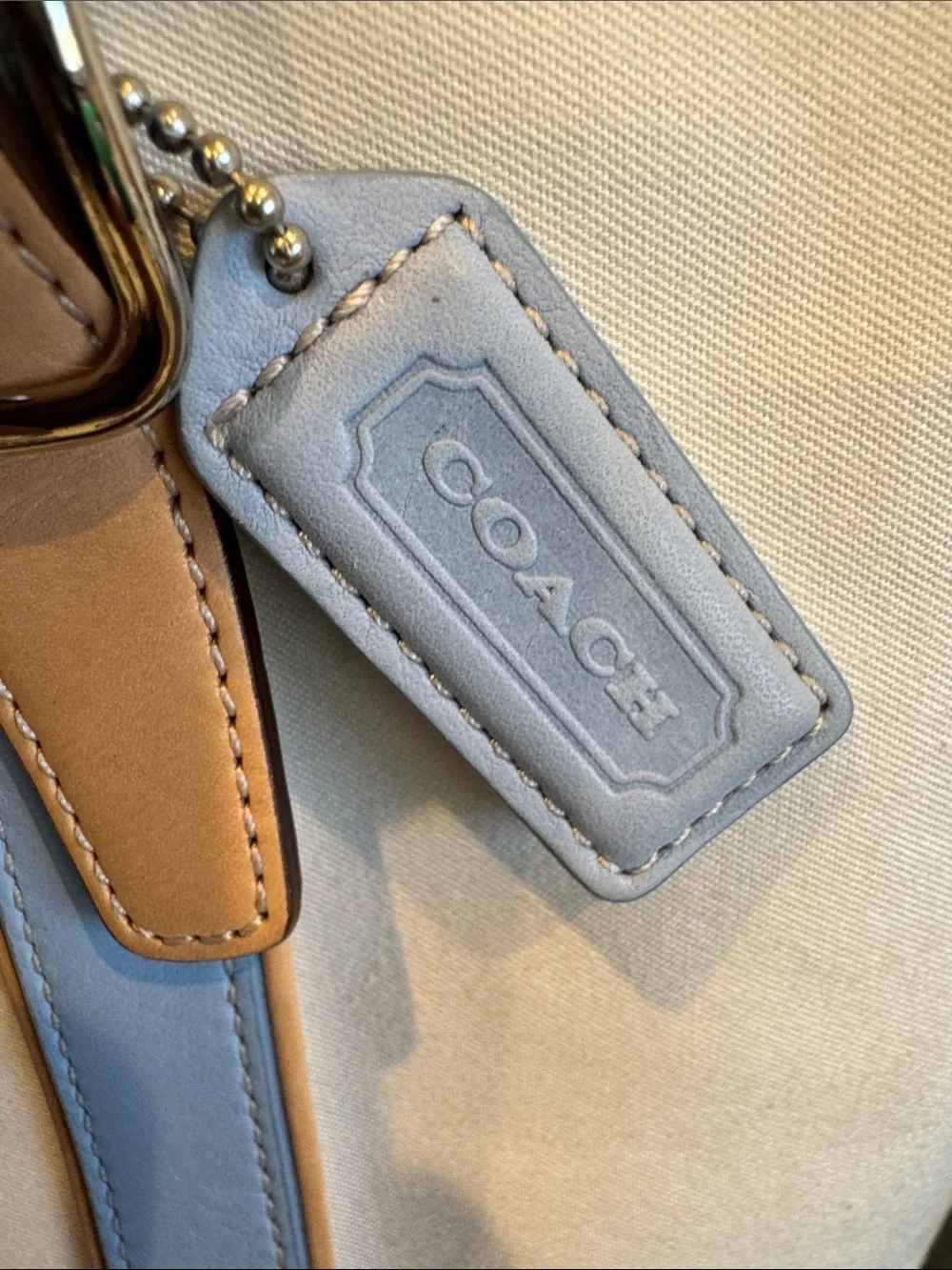 Coach Canvas Tote with Light Blue Trim and Tan Leather Handles